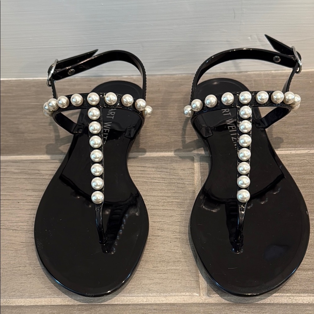 Stuart Weitzman Goldie Black Pearl-Embellished T-Strap Sandals Jelly 7